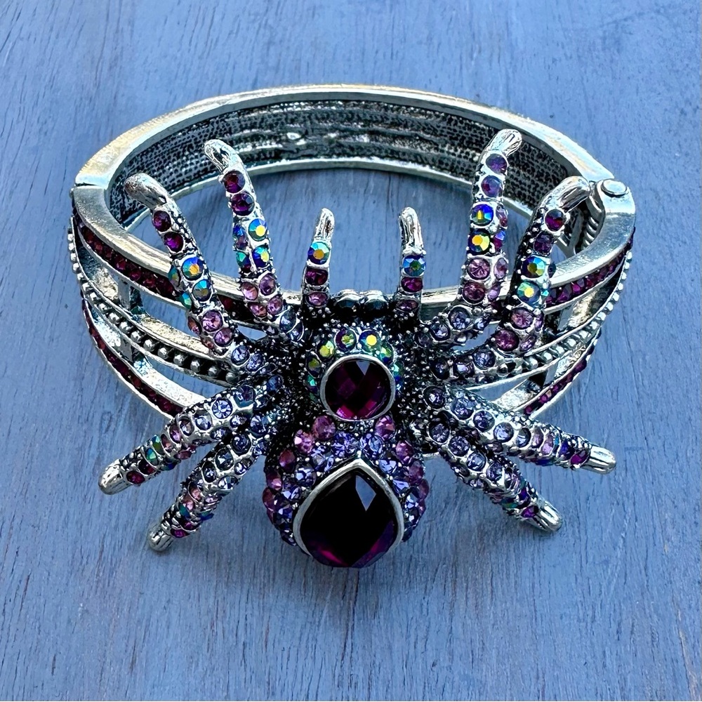 Silver & Purple Rhinestone Spider Hinged Bracelet